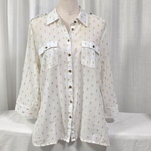 2/$30 Jaclyn Smith‎ White Button Up Cotton Lightweight White Blouse Sz L